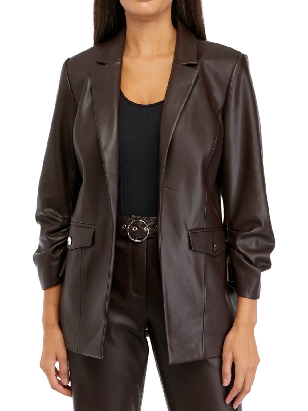 NWT Tahari Women’s Notch Collar Vegan Leather Blazer in Rich Wood